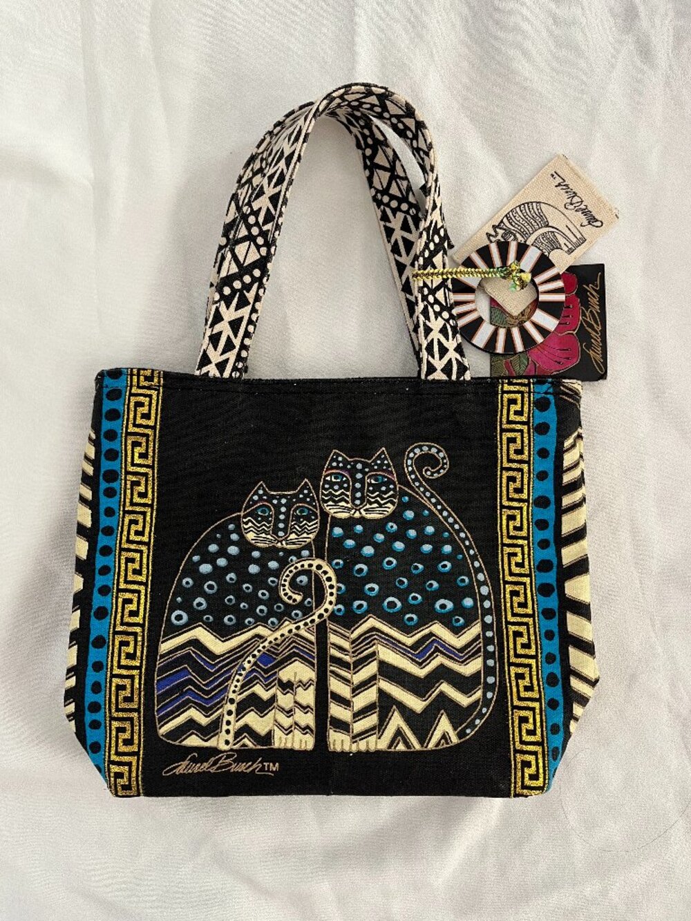 New Laurel Burch Small Tote Spotted Cats Black Canvas Lunch Bag